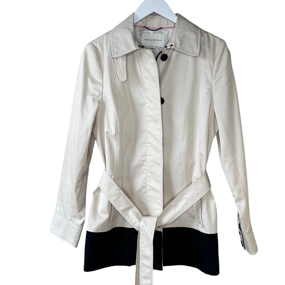 Banana Republic Women's Short Belted Trench Coat Sz L Color Blocked Cream Black